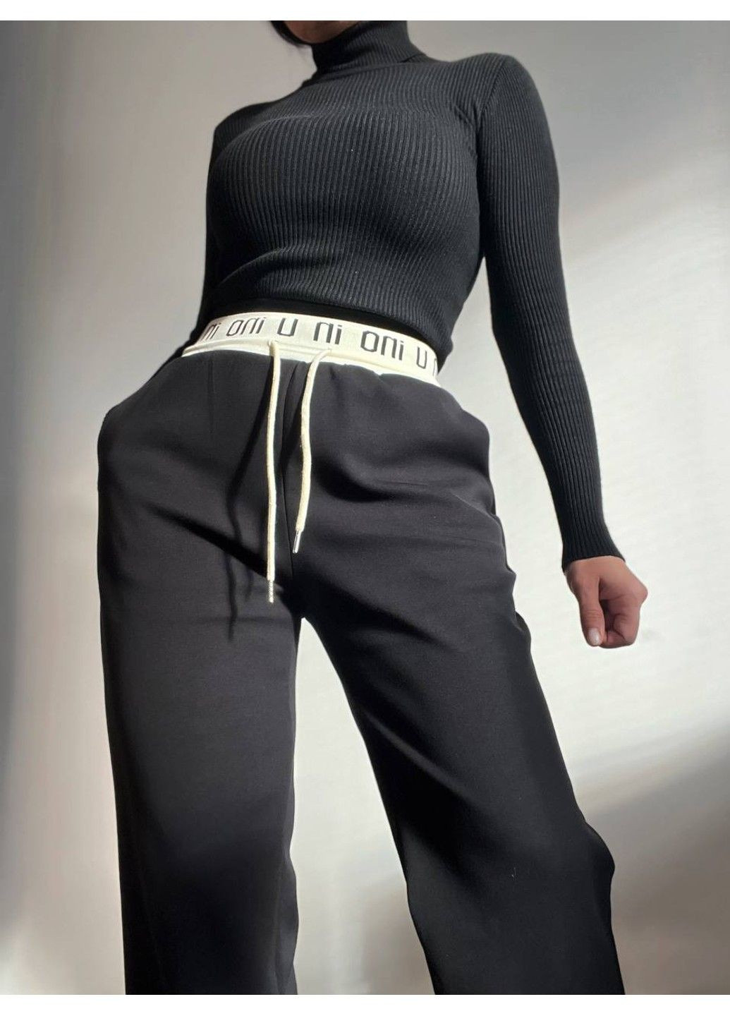 Брюки жіночі A-N 2750 щільний трикотаж рівні від стегна біла резинка на талії шнурок No Brand (305232853)