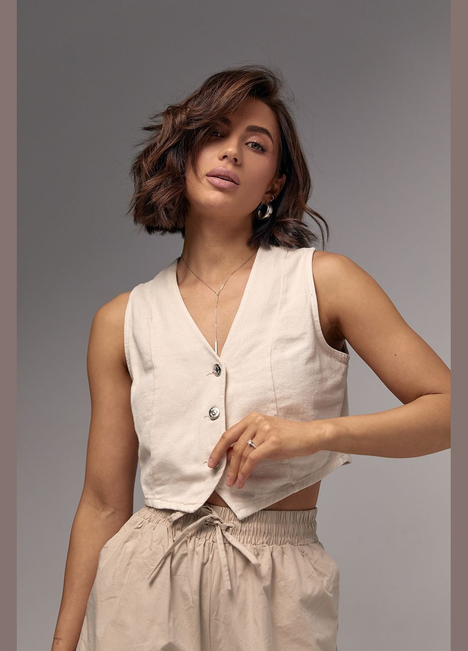 Бежевый женский короткий жилет котоновый на пуговицах - бежевый цвет, l (sku_9050) No Brand однотонный - всесезон