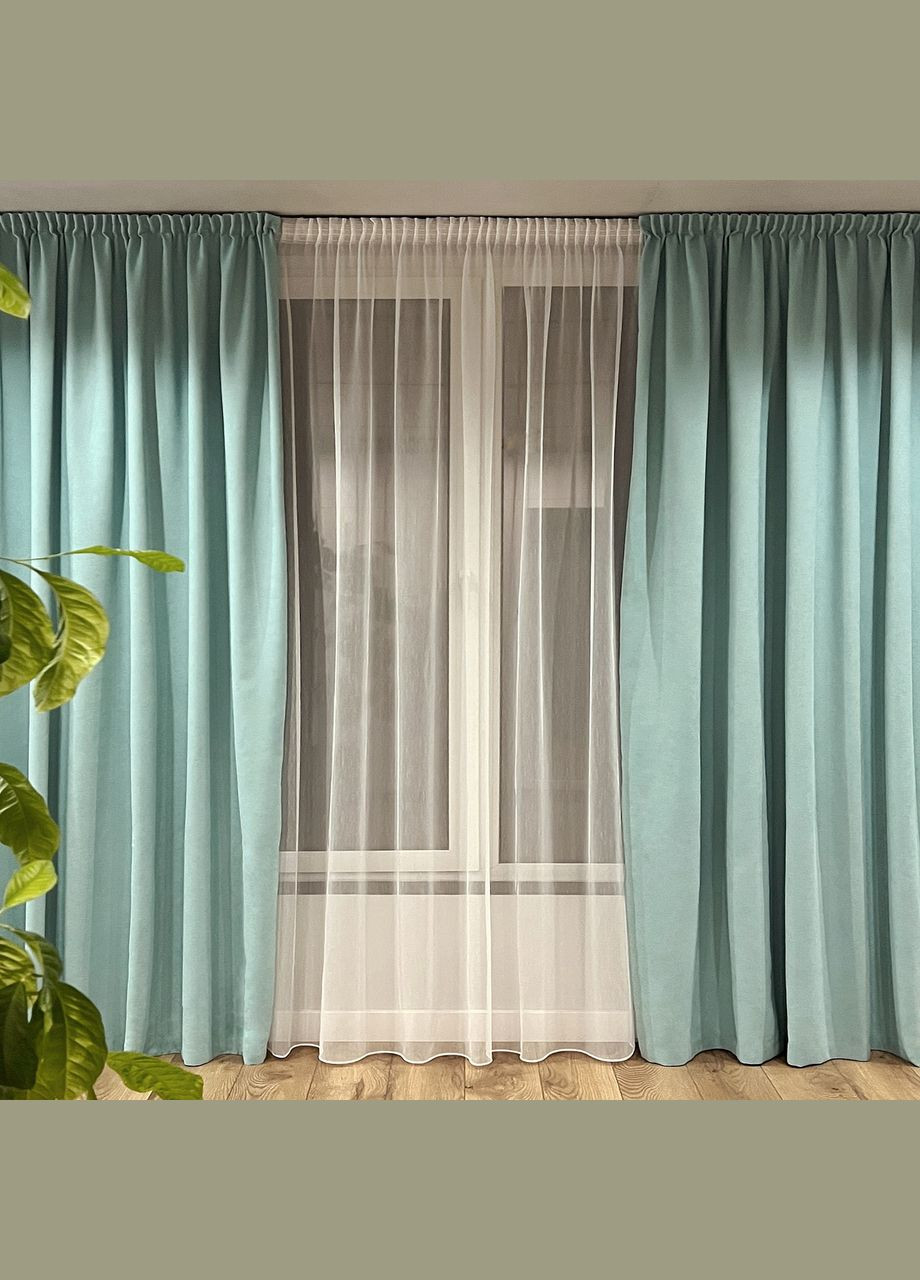 Комплект штори 2 шт 200х250 см мікровелюр Світло-бірюзовий, тюль бамбук 700 см Тепло-білий No Brand (337354729)