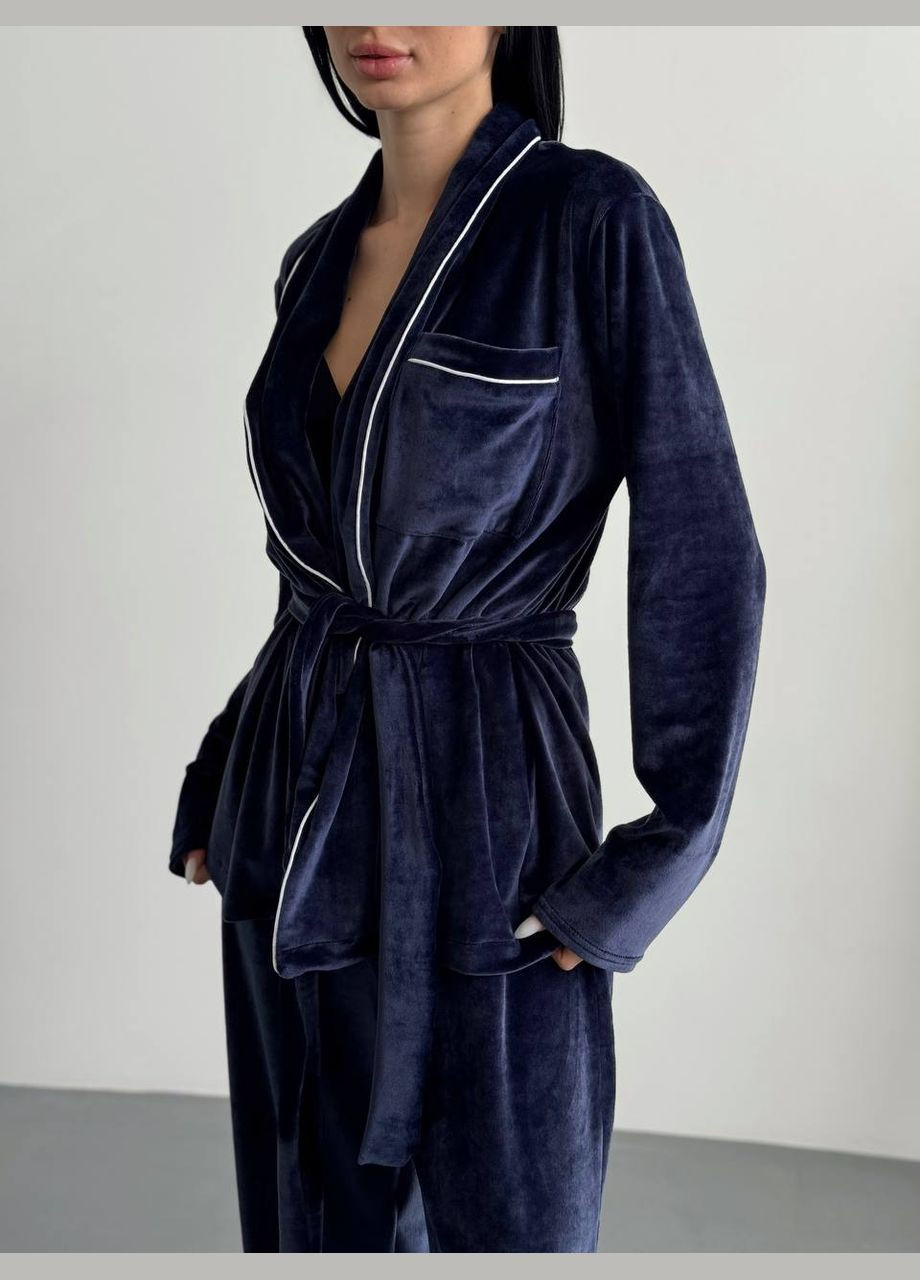 Синяя всесезон мягкая плюшевая синяя пижама (укороченный халат на запах+штаны клёш), приятная к телу тёплая и очень комфортная пижама No Brand 848-1