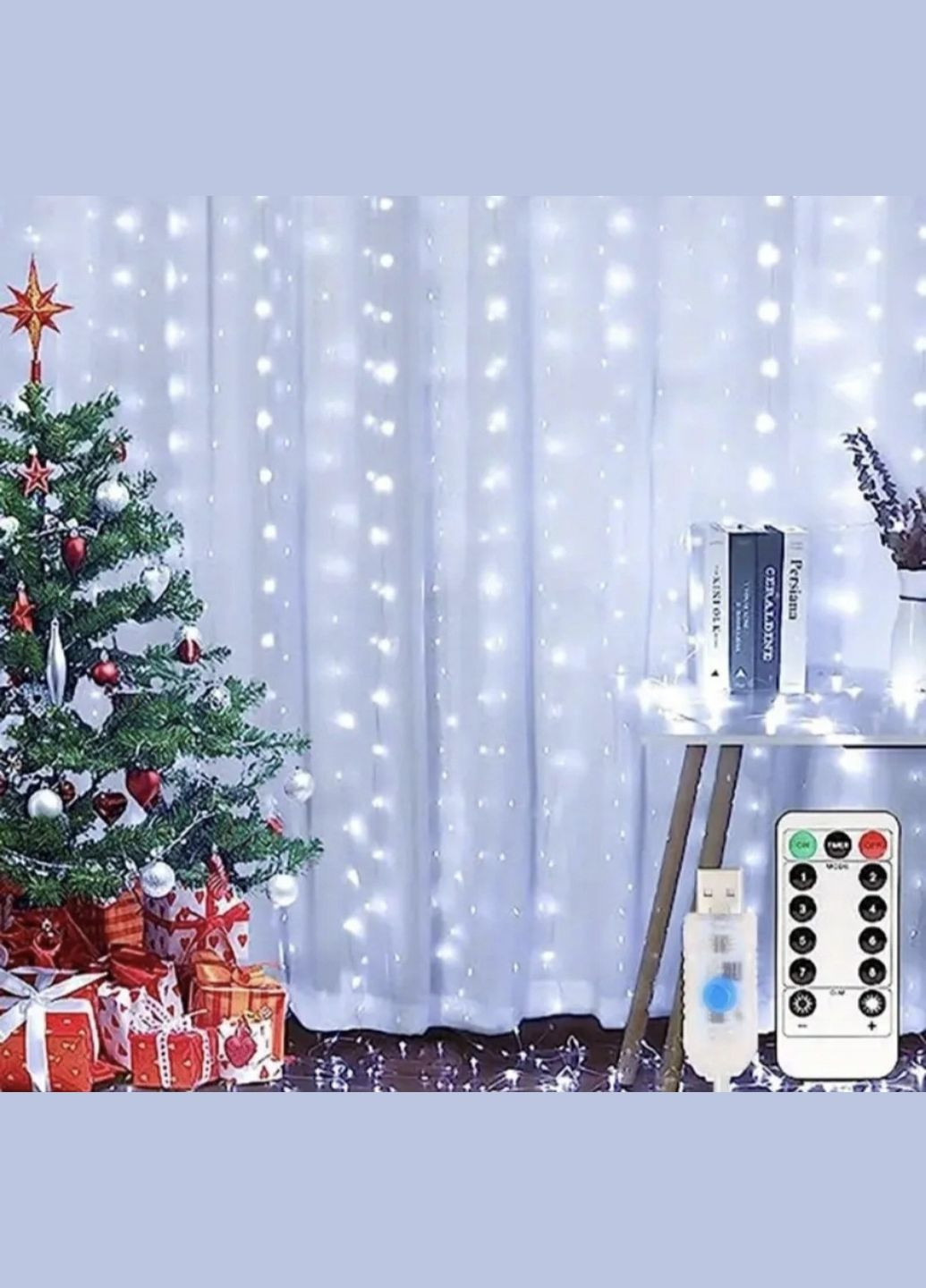 Светодиодная гирлянда штора роса 3х3 м 300 led с USB и пультом управления (Холодный белый) China (345751349)