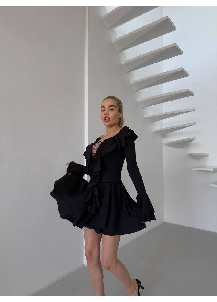 Чорна кежуал жіноча сукня міні з воланами та шнурівкою No Brand однотонна