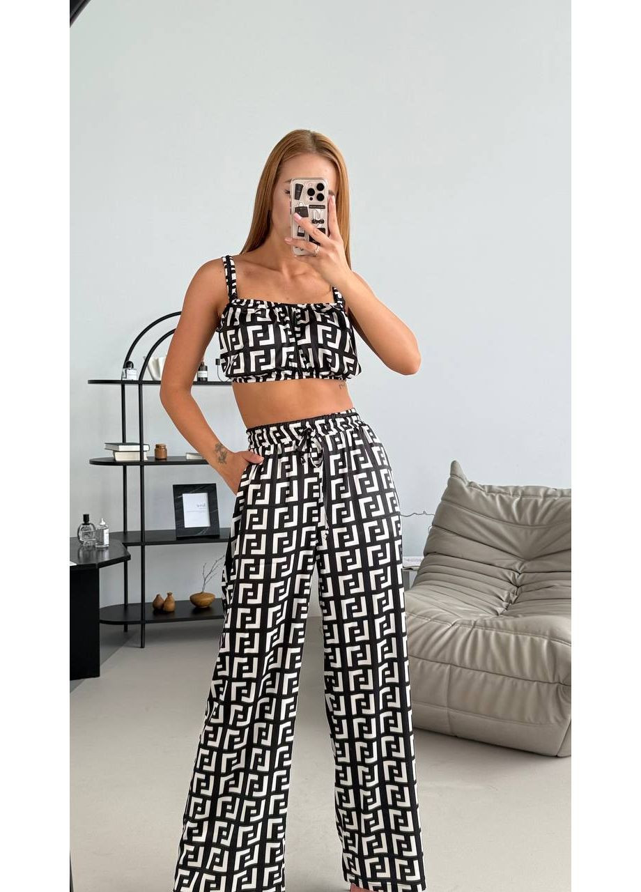 Чорно-біла жіноча шовкова піжама трійка Osoblyva