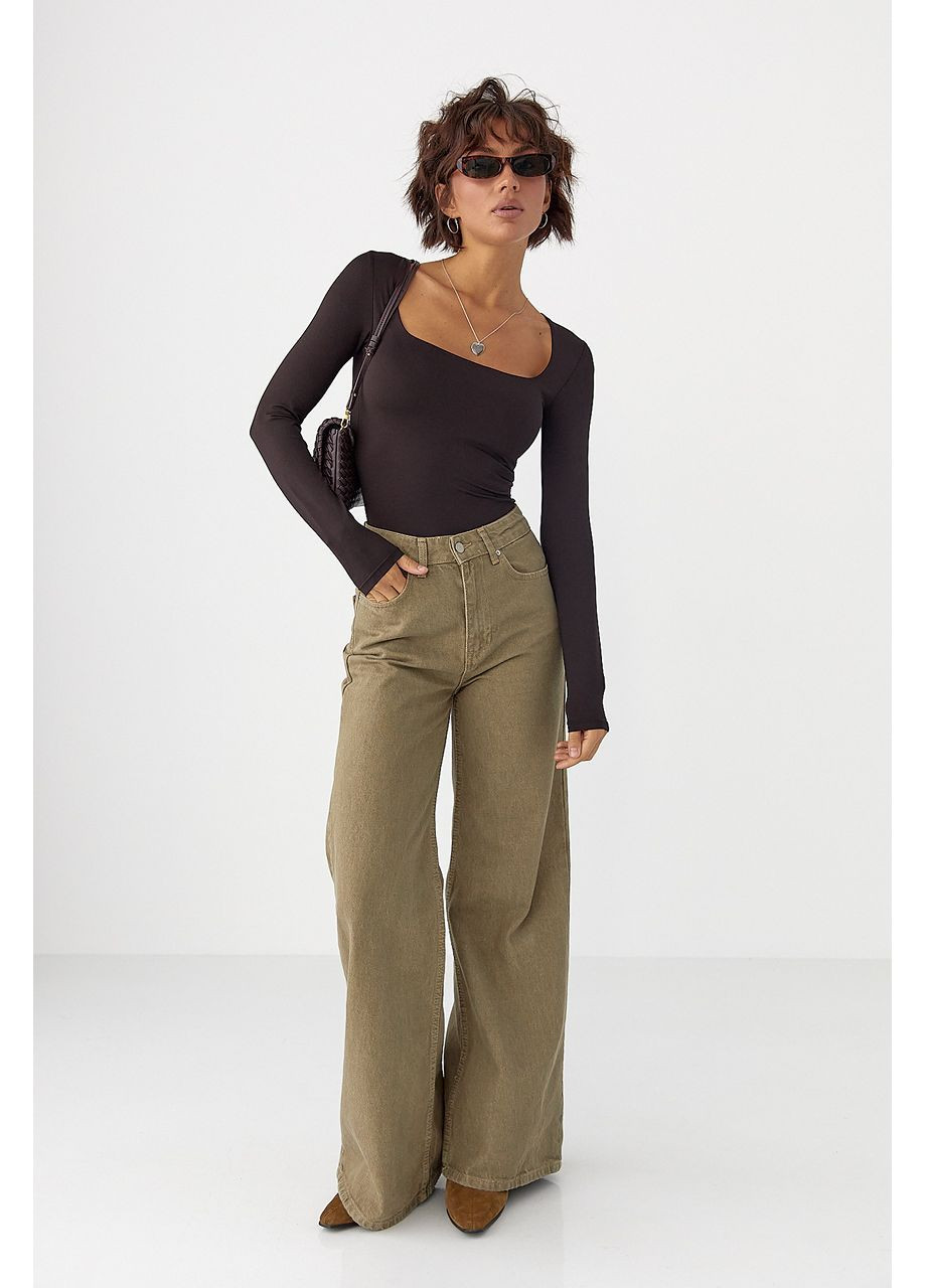 Еластичний боді з довгими рукавами - темно-коричневий колір Lurex (364967779)