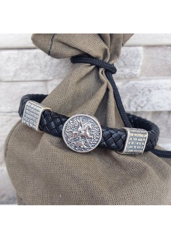 Браслет Георгій Побідоносець з молитвою зі срібла та шкіри, 21 см No Brand (368999605)