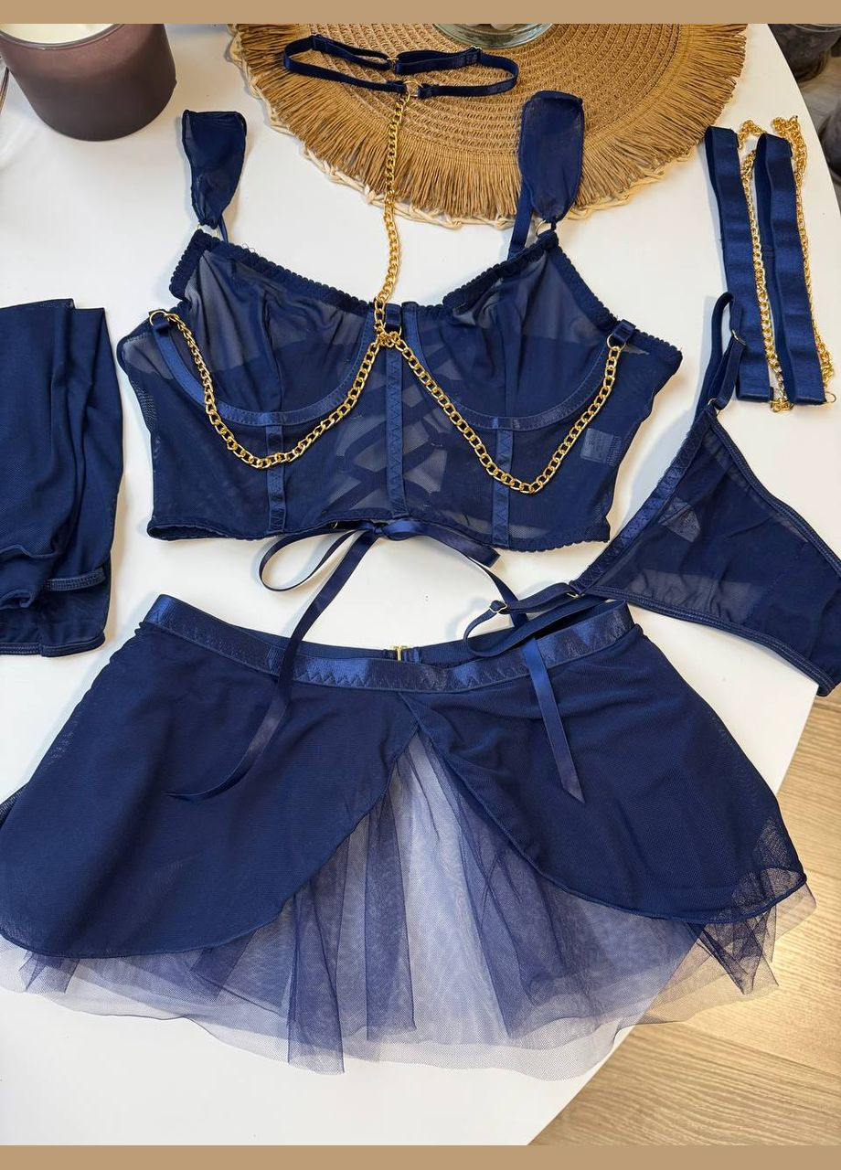 Синий комплект нижнего белья с юбкой и перчатками Simply sexy