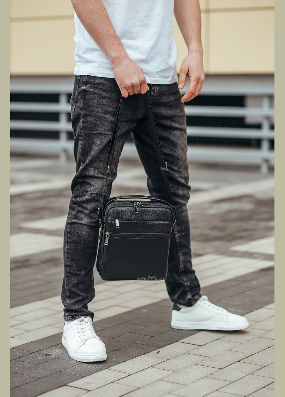 Кожаная черная мужская сумка на плечо с двумя основными отделениями Tiding Bag (298568559)