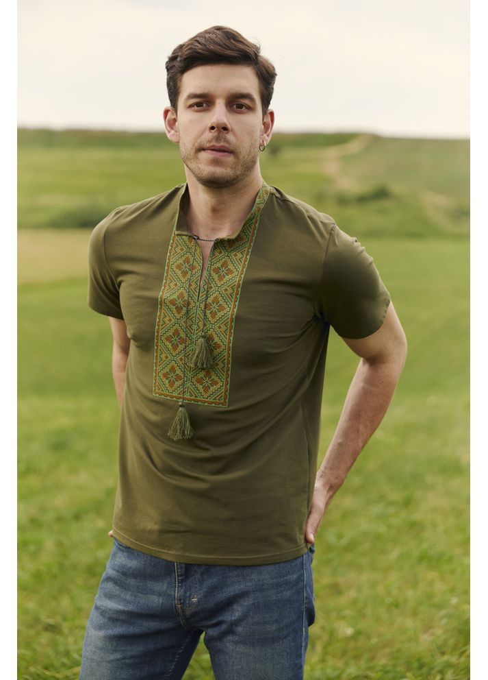 Хакі чоловіча футболка-вишиванка з орнаментом (fm3053) Folk Moda (365859989)