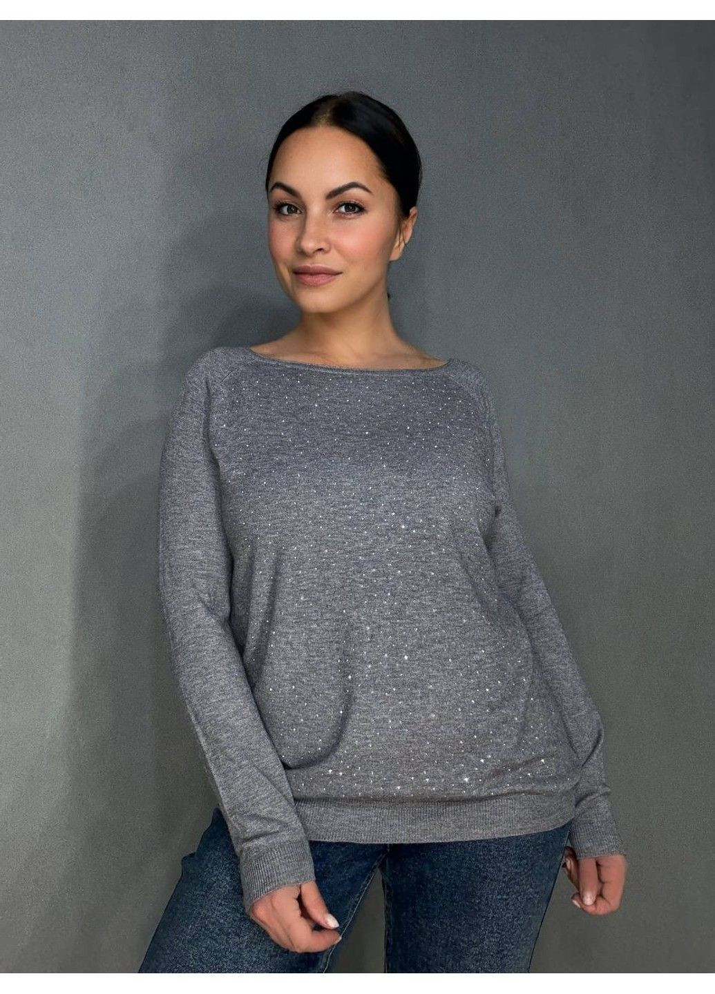 Сірий демісезонний джемпер жіночий 9067 тонкий светр розсип камінців Accorddream