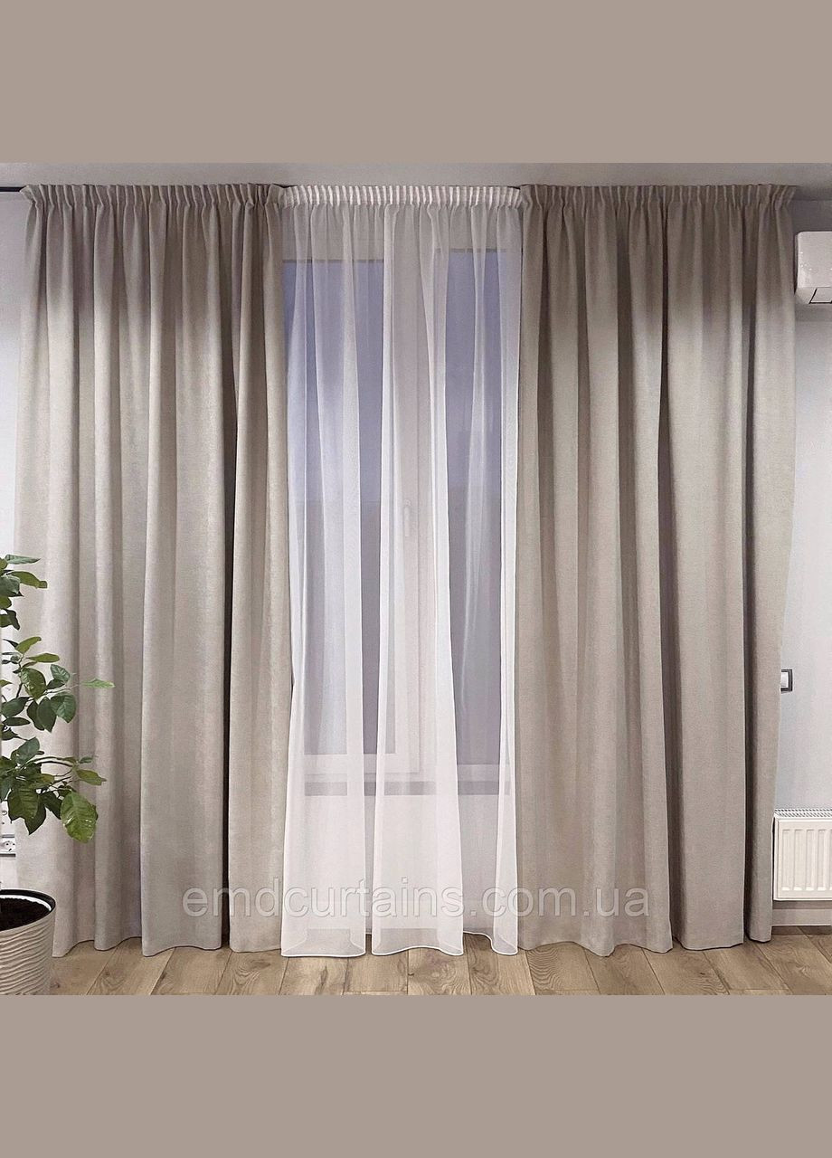 Комплект шторы на тесьме 2 шт 300х250 микровелюр Серо-беж тюль вуаль 600х250 Белый No Brand (337358524)