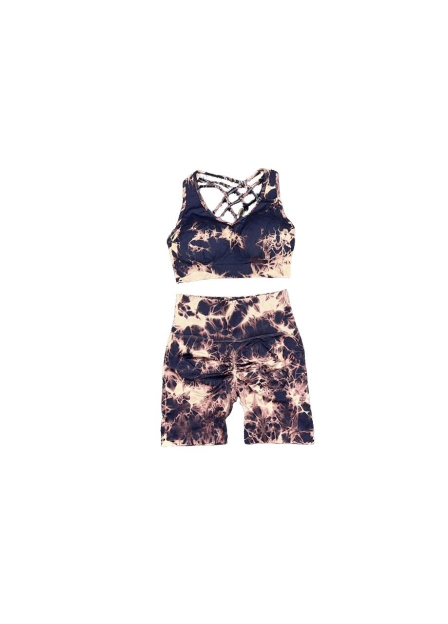 Спортивний костюм з мармуровим принтом (топ та шорти) фіолетового кольору, розмір S Trends (330757574)