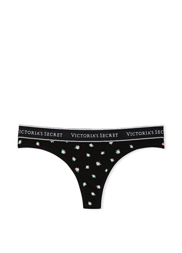 Женские трусики Logo Thong черные (принт цветы) Victoria's Secret (311228468)