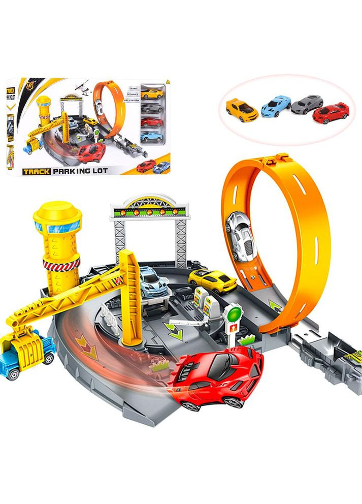 Трек з обертанням 360°, машинки 4 шт., кран та заправка, батарейки, в коробці (P872-A) No Brand (360740153)
