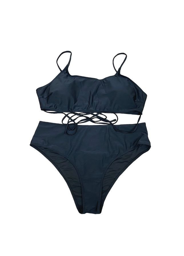 Чорний літній купальник жіночий роздільний чорний зі спідницею та високими плавками роздільний No Brand