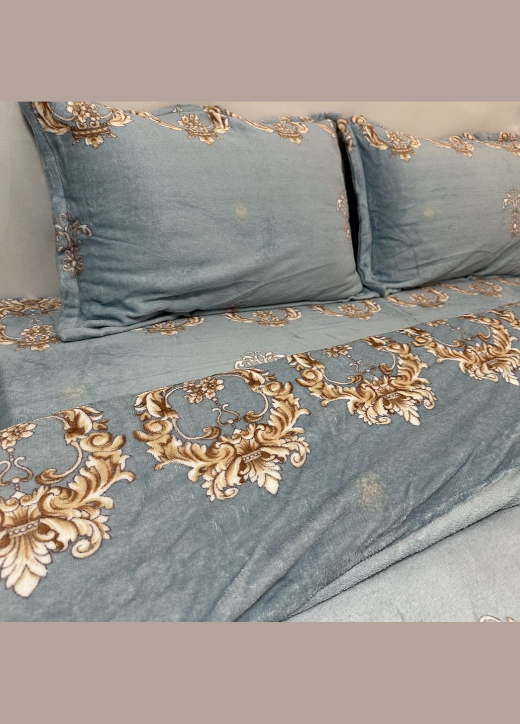 Теплий набір велюрової постільної блакитного кольору євро розмір з малюнком. Сучасна якісна постільна білизна No Brand (316591514)