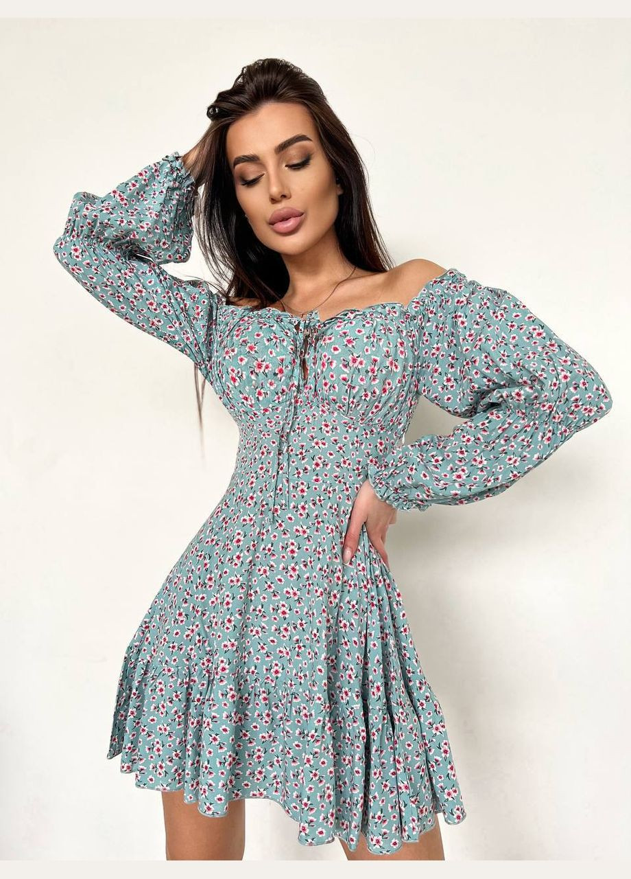 Оливкова легка літня коротка сукня з якісного штапеля, яскрава сукня з квітковим принтом і відкритим декольте No Brand