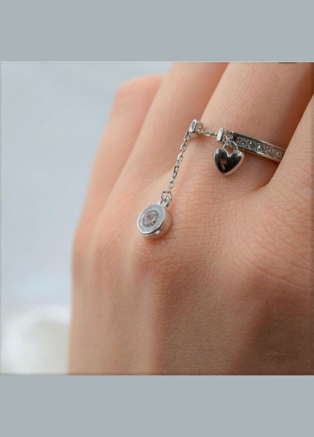 Срібна каблучка з ланцюжком з Білими каменями 17.5 - 18.5 розмір срібло 925 проби Родоване 1161к Nobrand (363969113)