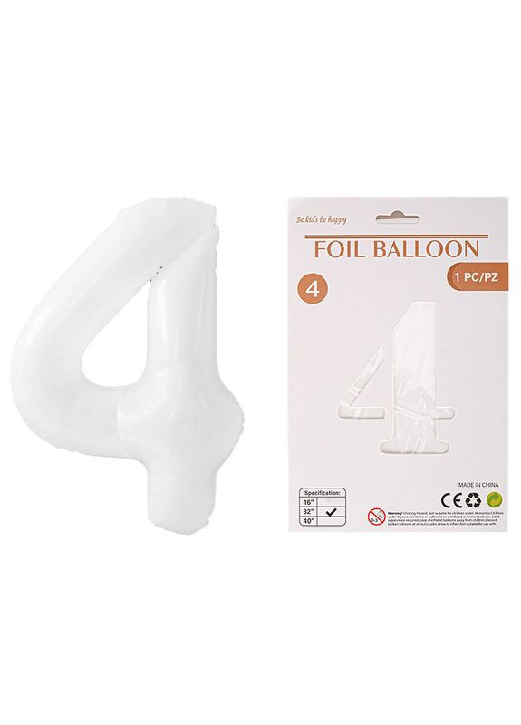 Фольгированный шарик Цифра 4, белый, 76 см, индивидуальная упаковка No Brand (360548036)