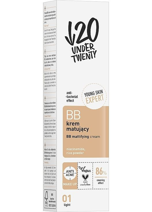 Матувальний антибактеріальний ВВ-крем, 01 світлий Anti! Acne 60ml (1232744-133249) Under Twenty (368629728)