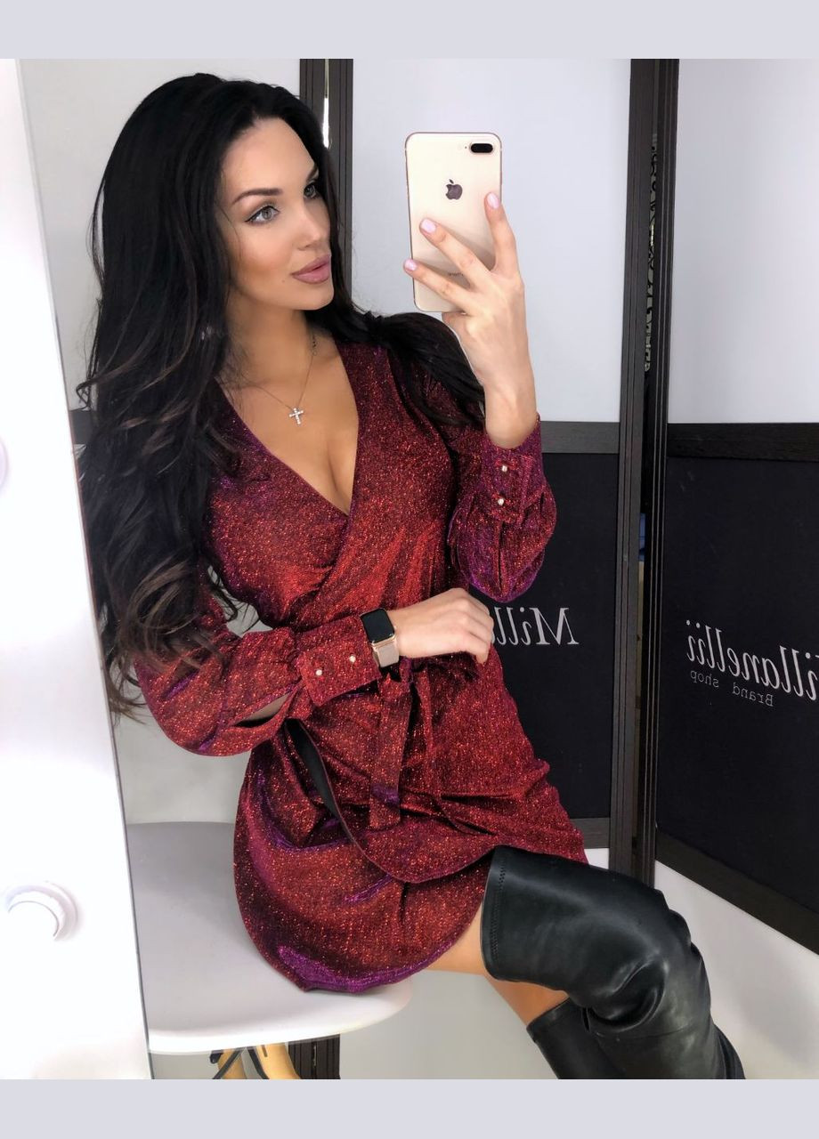 Червона вечірня, святковий шикарна сукня міні на запах червоного кольору на запах No Brand однотонна