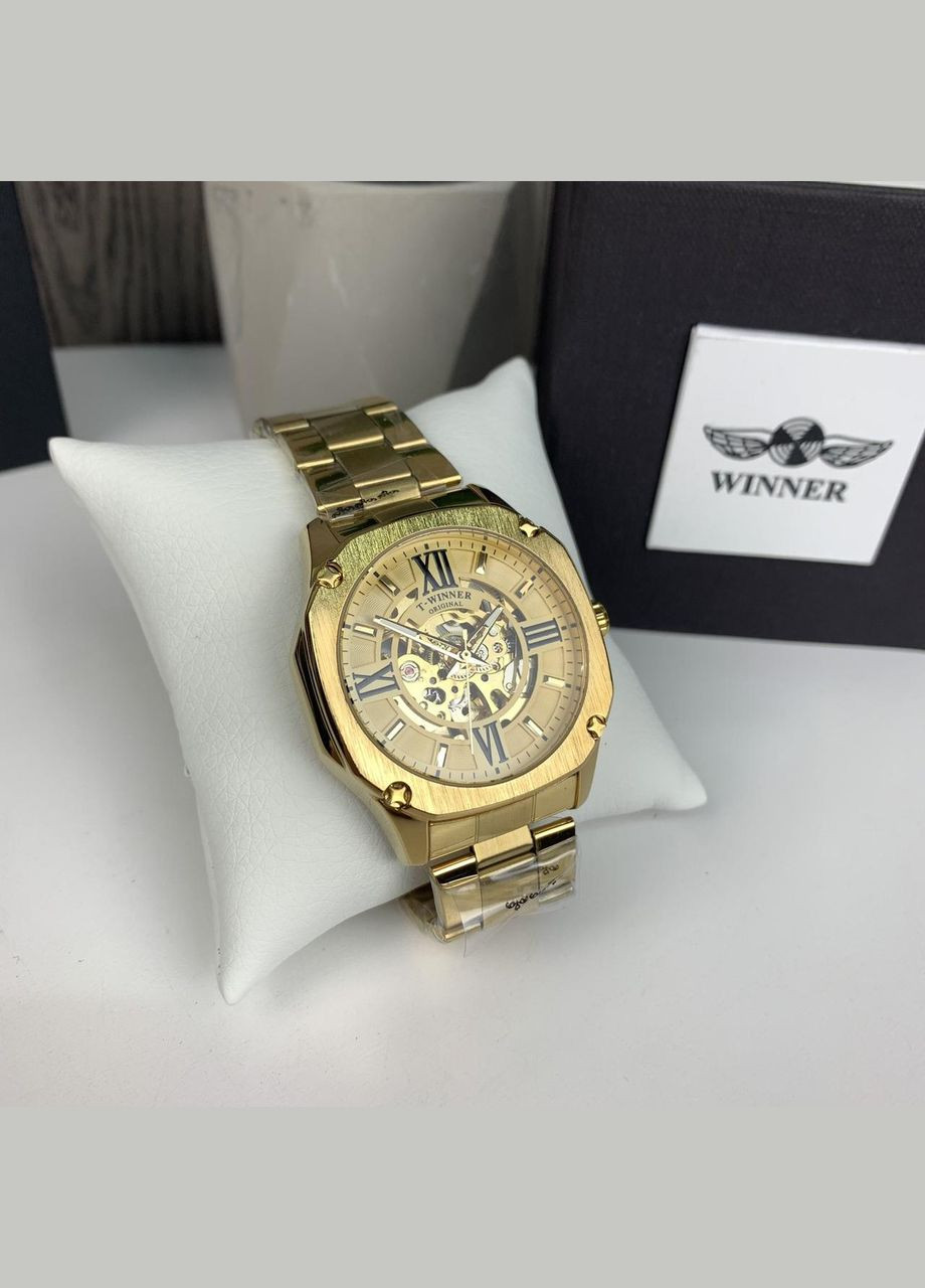 Чоловічий механічний наручний годинник Skeleton з відкритим механізмом годинник золотистий люкс(BRT) Winner (336551792)