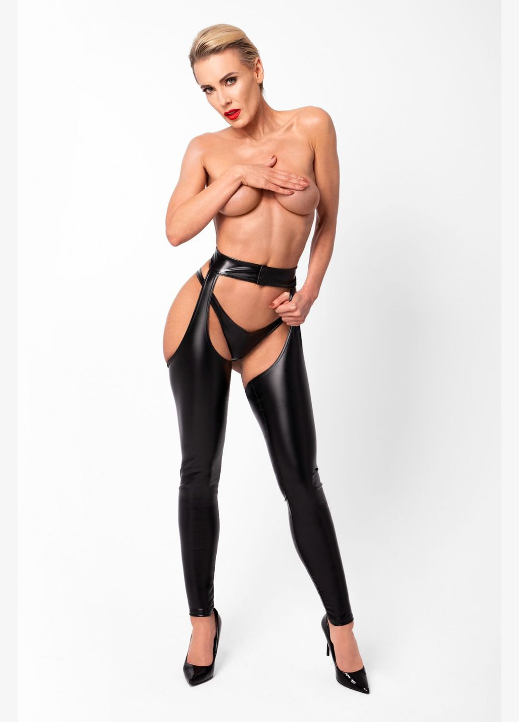 Леггинсы F323 Rebel, black, под латекс, с открытыми бедрами и ягодицами - CherryLove Noir Handmade (339867782)