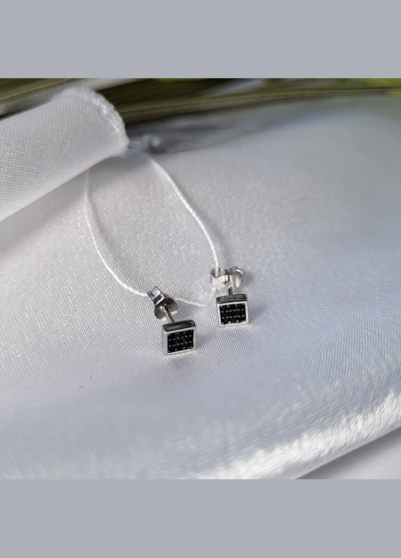 Срібні сережки гвоздики на фіксаторах Квадрат з Чорним Камінням срібло 925 проби Родоване 1054ф2 0.90г No Brand (306743342)