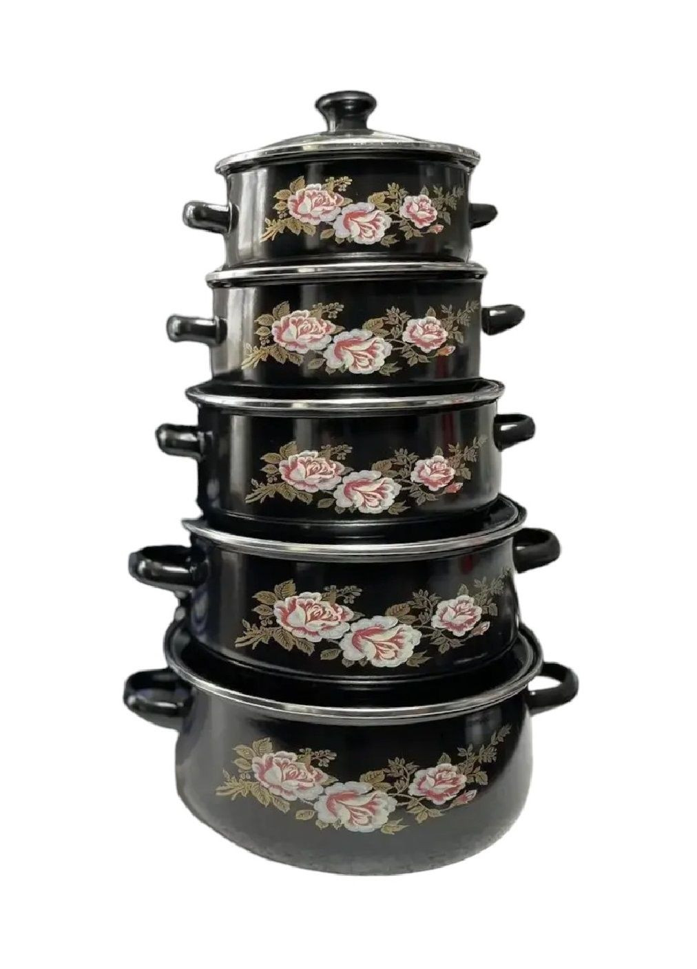 Набор комплект эмалированной посуды кастрюль со стеклянными крышками 5 штук с рисунком (476601-Prob) Черный Unbranded (285738620)