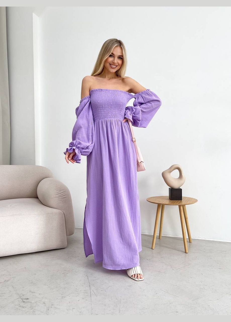Сиреневое повседневный, вечернее женское платье макси с разрезом с открытыми плечами Україна однотонное