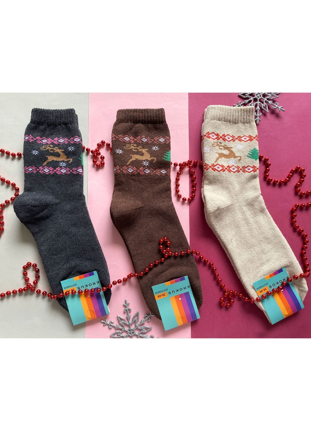 Комбинированные носки женские, махровые, высокие. олень с орнаментом. набор из 3 пар. цвет: цветной микс Крокус новогодние (366249255)