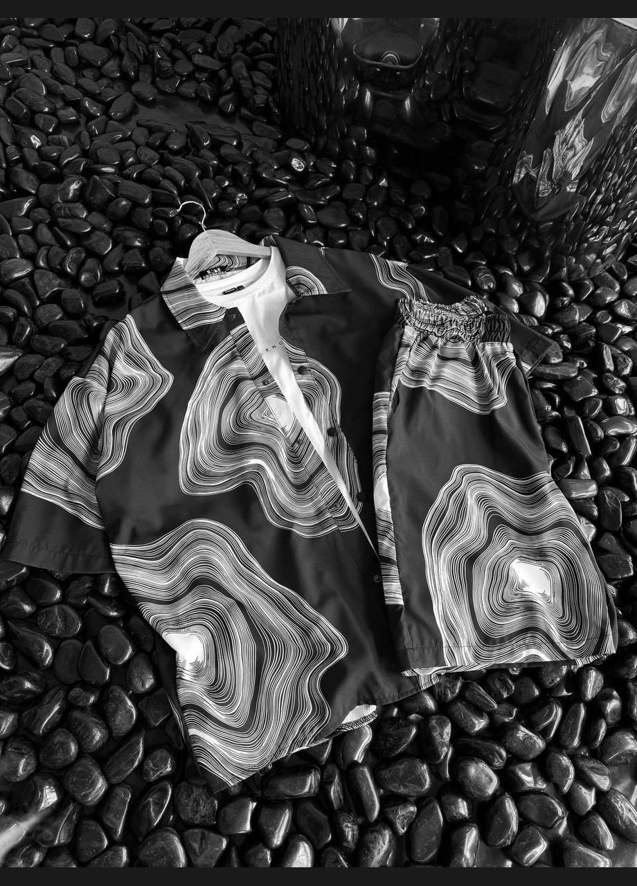 Чорно-білий літній трендовий літній костюм з принтом з шортами, з сорочкою No Brand