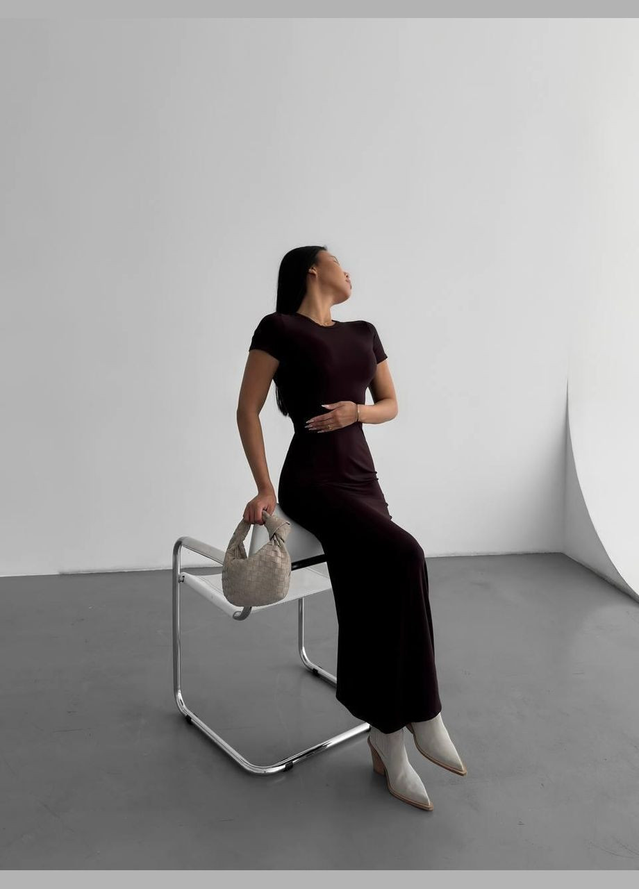 Темно-коричневое повседневный платье женское - однотон, эластичное силуэтная JUGO однотонное