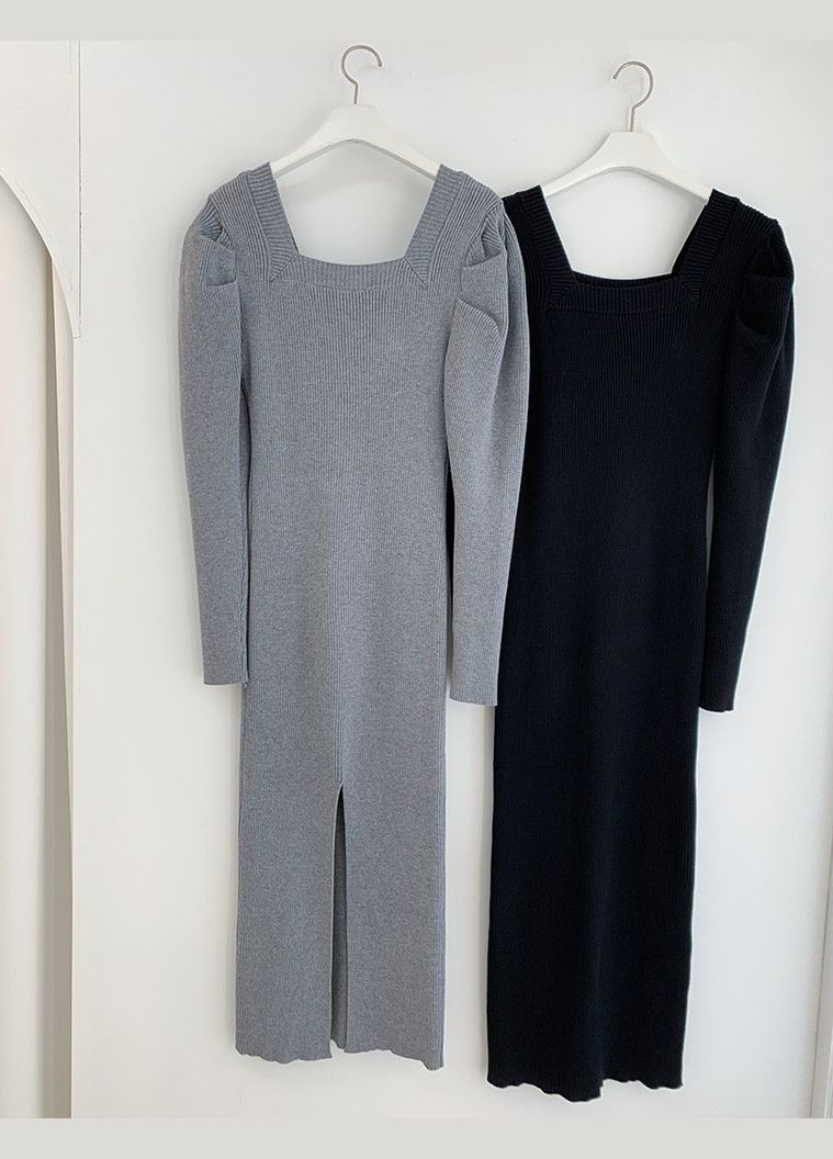Серое платье с рукавом-фонариком 110981 серый No Brand