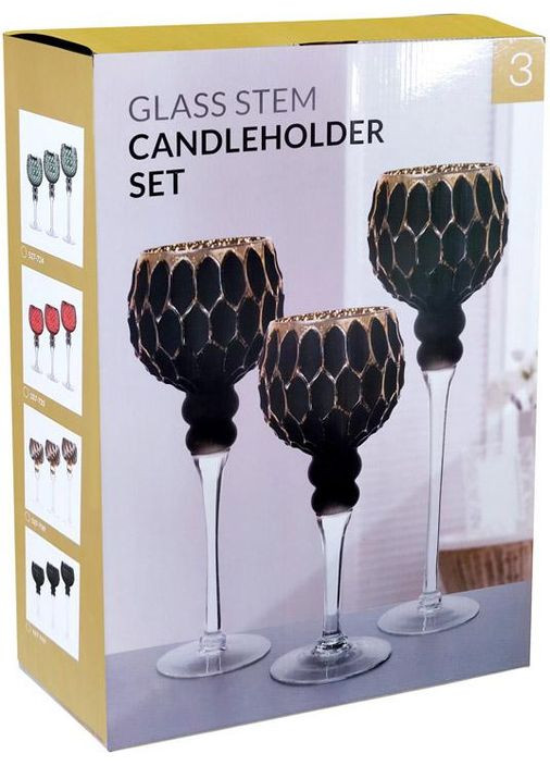 Набір скляних свічників Ferdeus 3 штуки чорний із золотом для інтер'єру та декору свічки 30 35 40 см Bona (368978575)