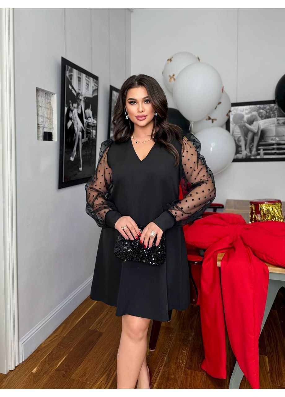 Черное коктейльное платье-трапеция из костюмки и сетки • батальная серия • замеры в описании DK/DL Мода без кордонів однотонное