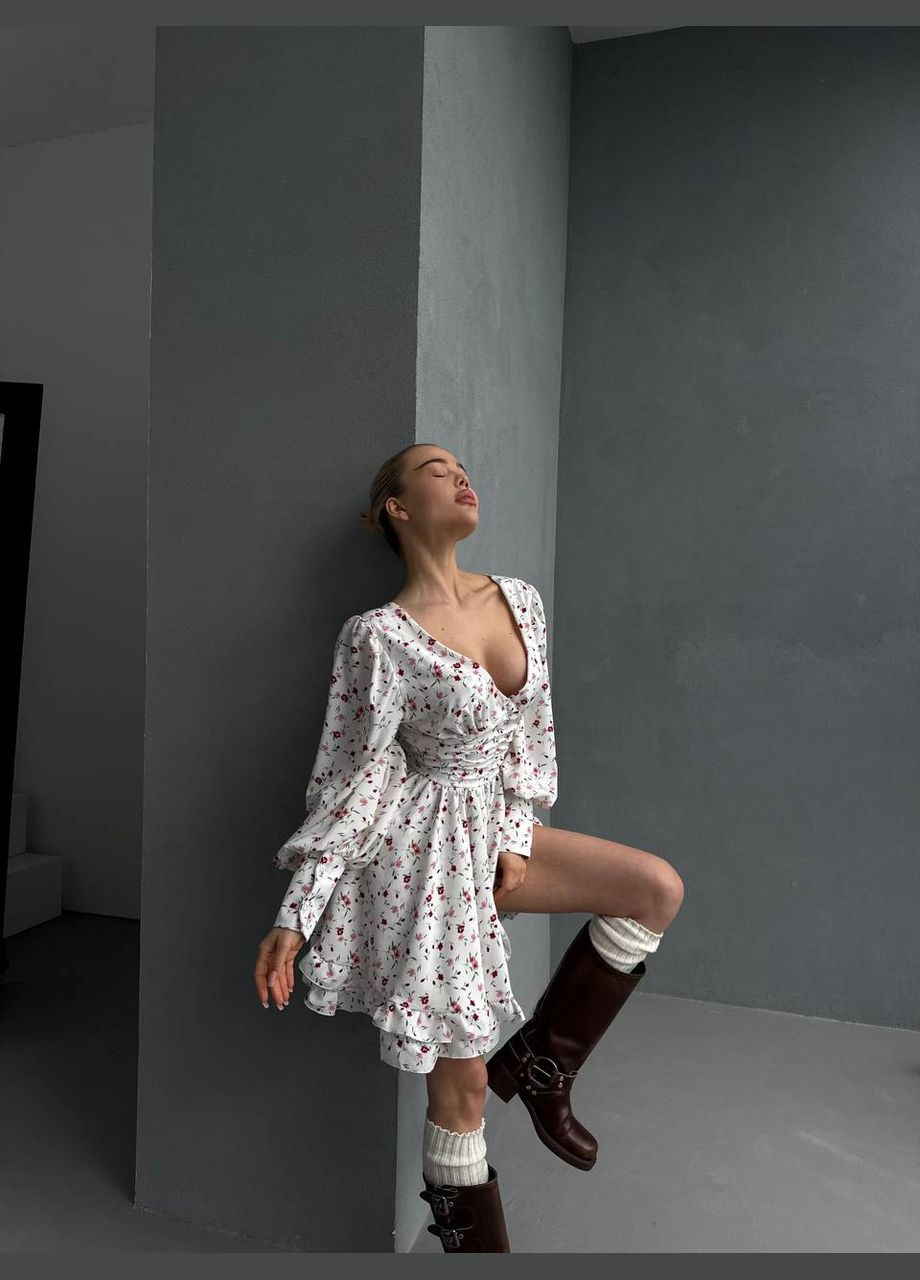 Белое повседневный платье женское с юбкой-солнце Україна с цветочным принтом