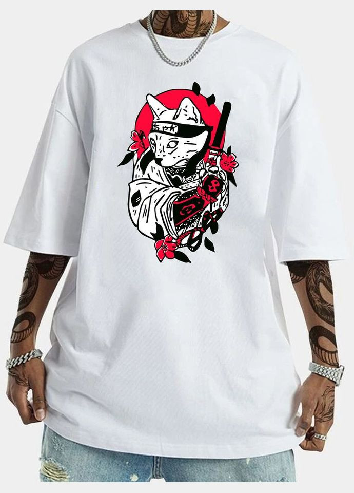 Комбинированная мужская белая легкая оверсайз футболка с трендовым принтом. No Brand