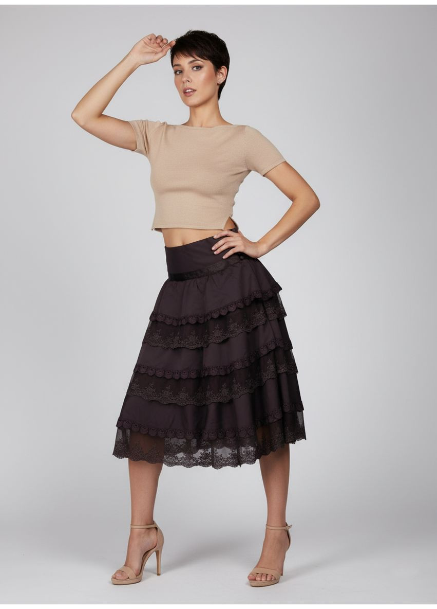 Коричневая вечерний юбка миди атласная с кружевами m-15-1 черный No Brand