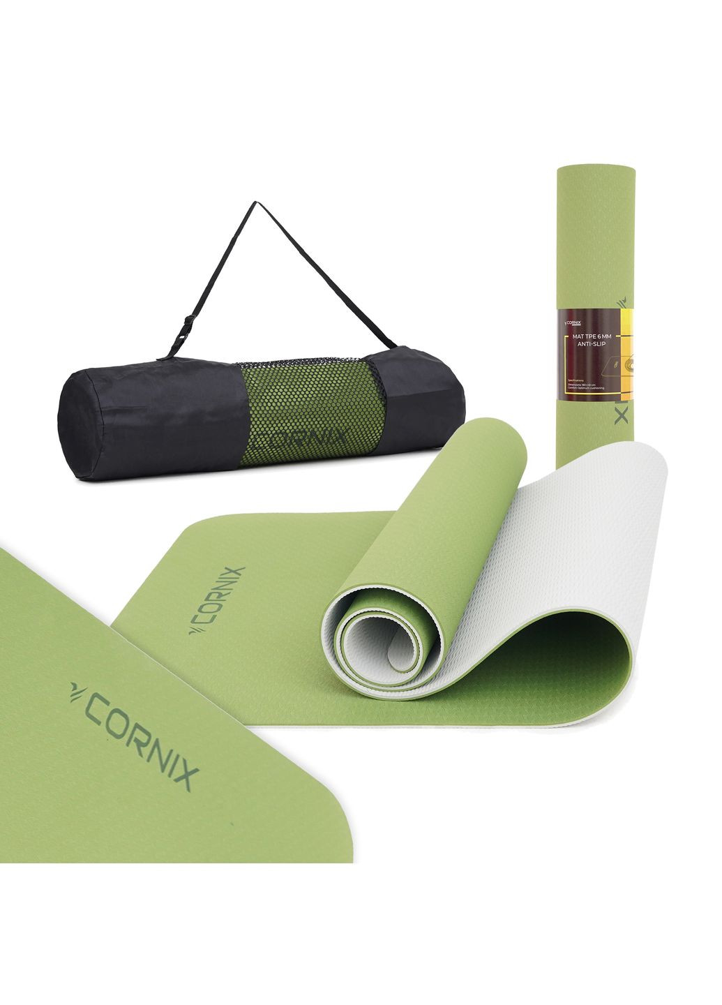 Килимок спортивний TPE 183 x 61 x 0.6 см для йоги та фітнесу XR-0008 Green/Grey Cornix (318867567)