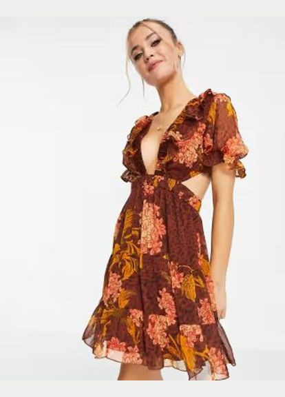 Коричневое коктейльное платье с пышной юбкой Asos с цветочным принтом