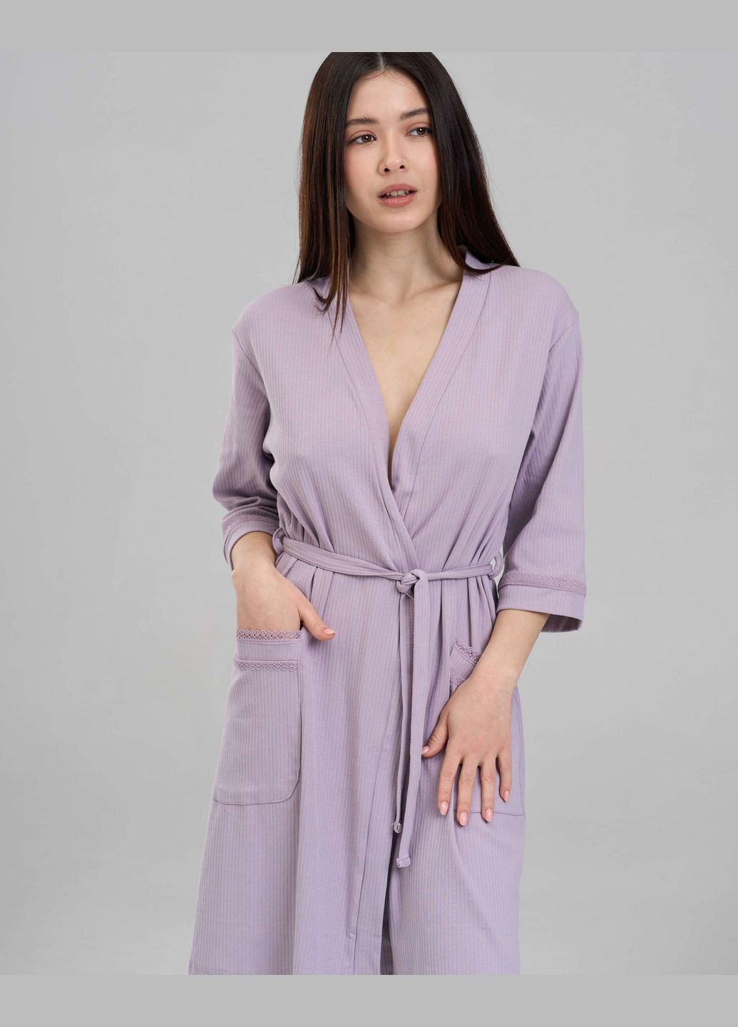 Халат домашній жіночий однотонний в рубчик бузкового кольору розмір S, M, L, XL Nicoletta (346275884)