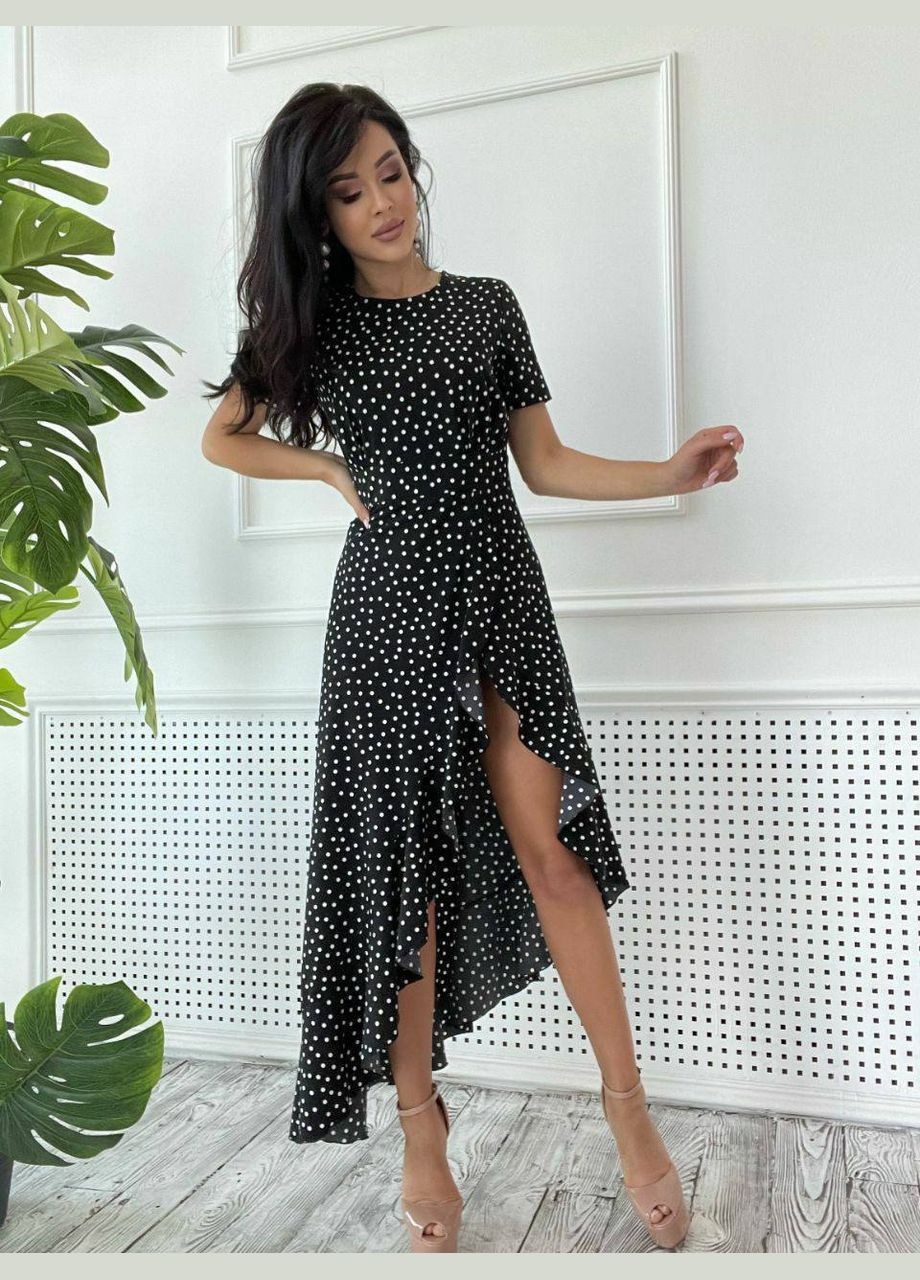 Чорна святковий, повсякденний, кежуал, вечірня легка витончена сукня з розрізом по ніжці Vakko в горошок