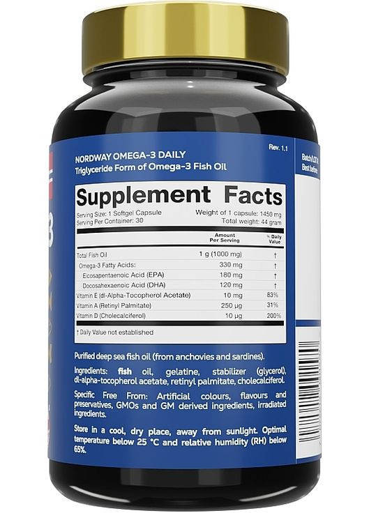 Диетическая добавка Omega-3 Daily 1000 mg 30шт (1514956-40152096) Nordway (368633173)