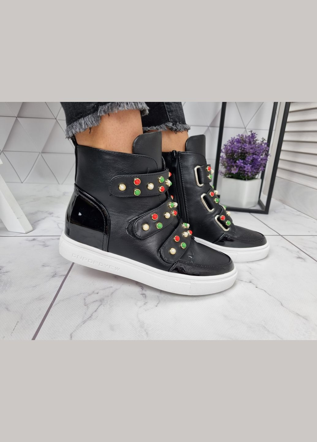 Снікерси на танкетці і платформі на ліпучках No Brand чорні (322650800)