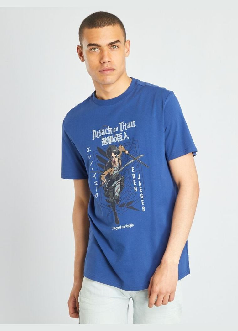 Синяя футболка basic,синий с принтом, Kiabi