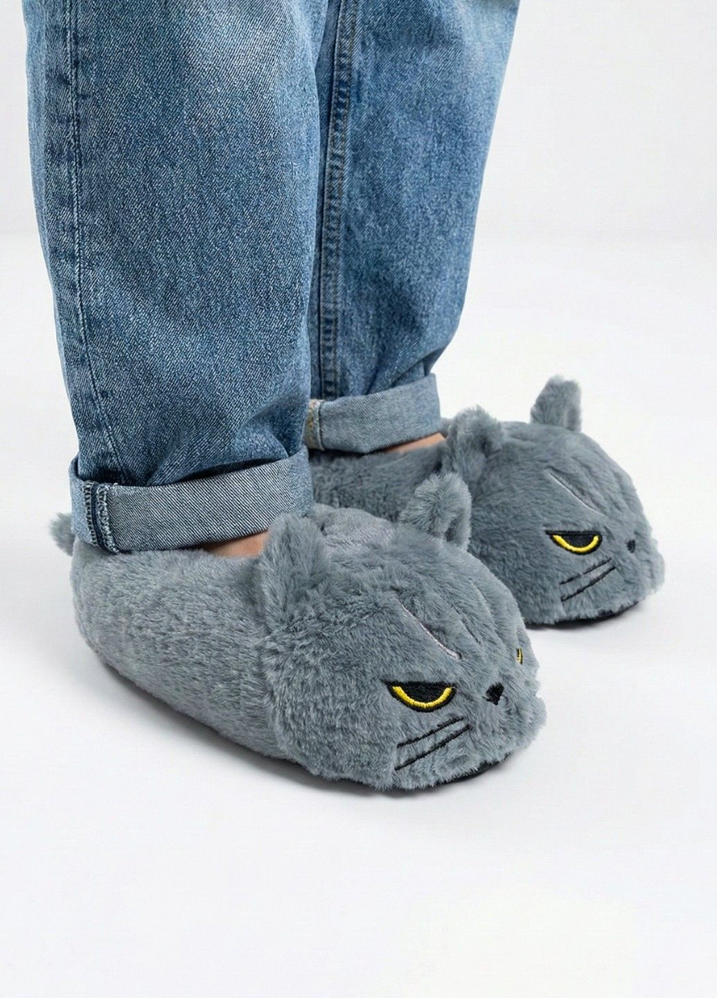 Капці домашні Кіт Грампі для підлітків та дорослих сірі плюшеві Lalapka (370606190)