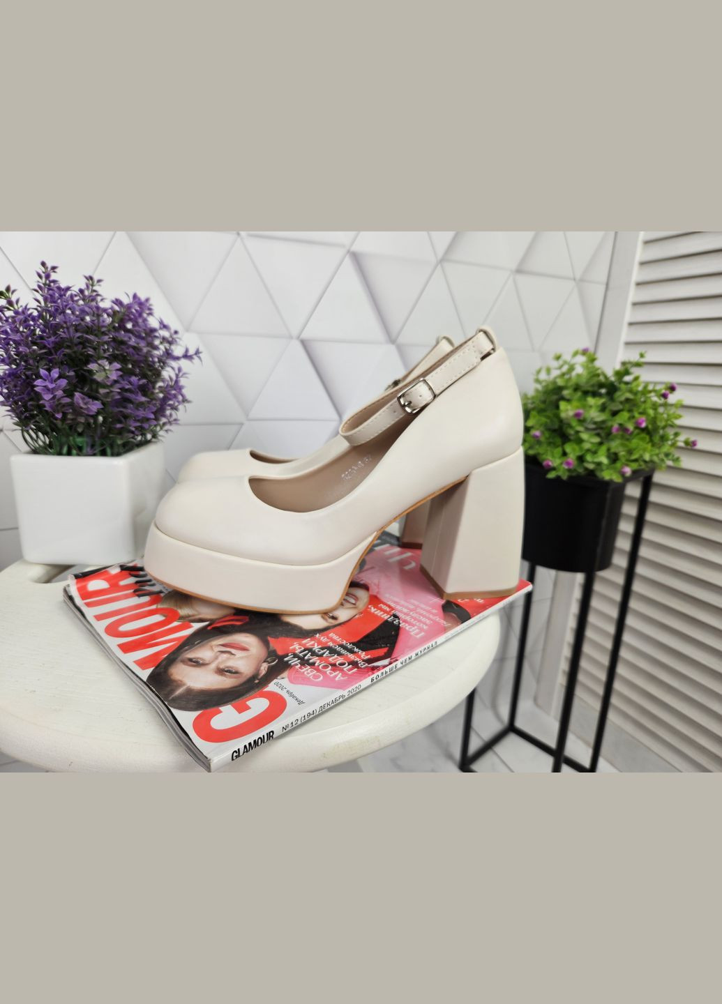 No Brand Туфли бежевые на широком каблуке с платформой с ремешком застежкой бежевый з, — (334278786)