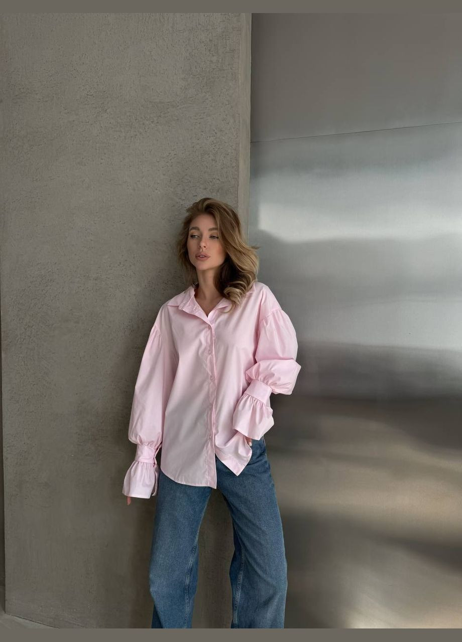 Розовая повседневный, кэжуал рубашка однотонная No Brand с длинным рукавом