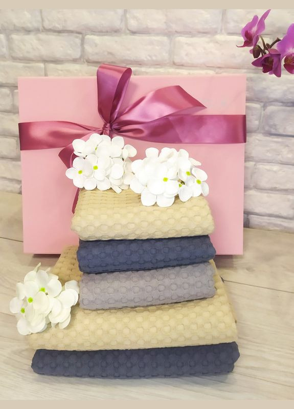 Подарок комплект вафельных полотенец 110х65 см 70х45 см 75х55 см 70х50 см 5 штук капучино синий серый графит (5743-2149) No Brand (296718767)