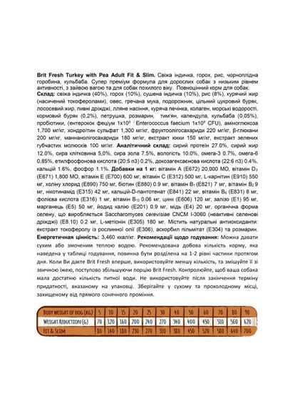 Сухий корм для дорослих собак, із зайвою вагою, з індичкою та горохом, 12 кг Brit Fresh (322874726)